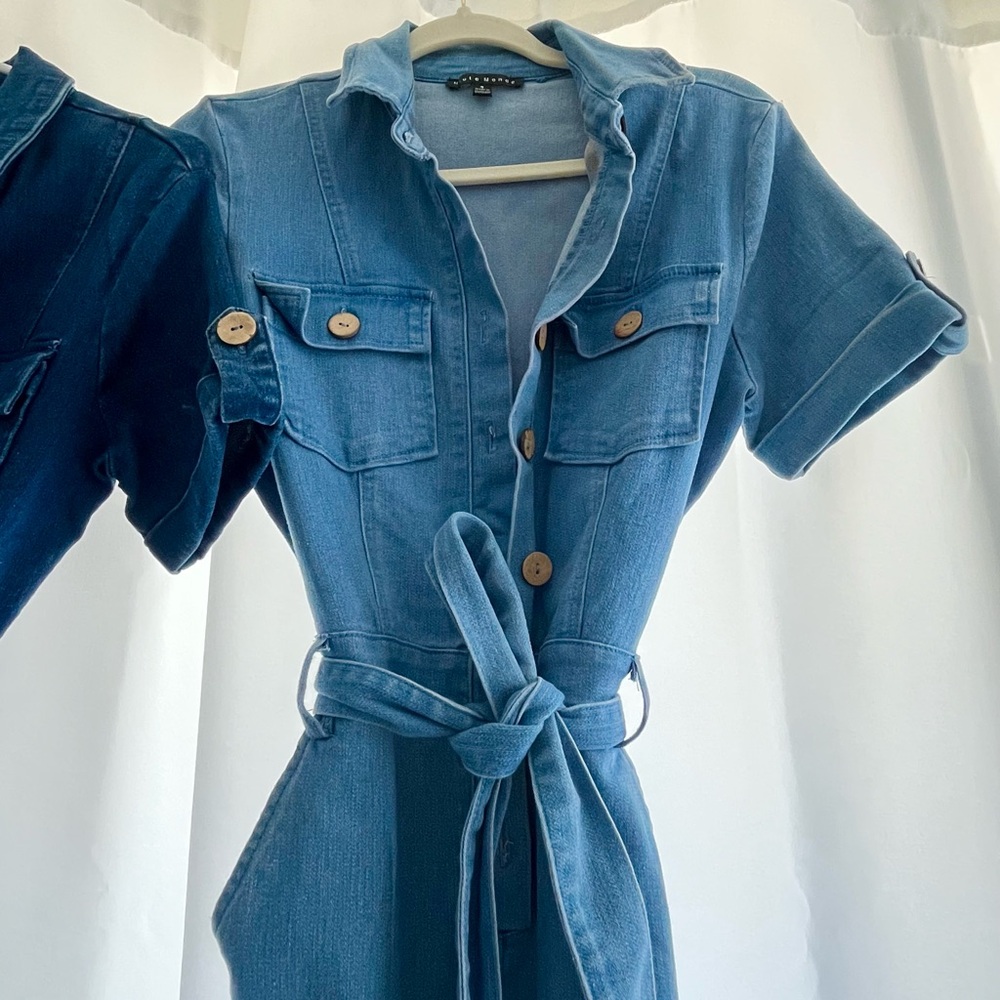 2 Haute Monde Blue Jumpsuits with Tie Waist and Tapered Legs - Picture 6 of 13